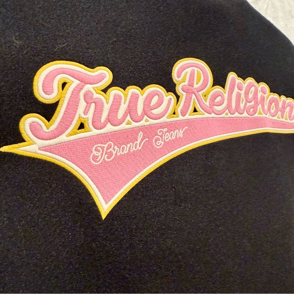 True Religion NWT Script Wool Horseshoe Varsity Jacket Black/Pink - Picture 2 of 11